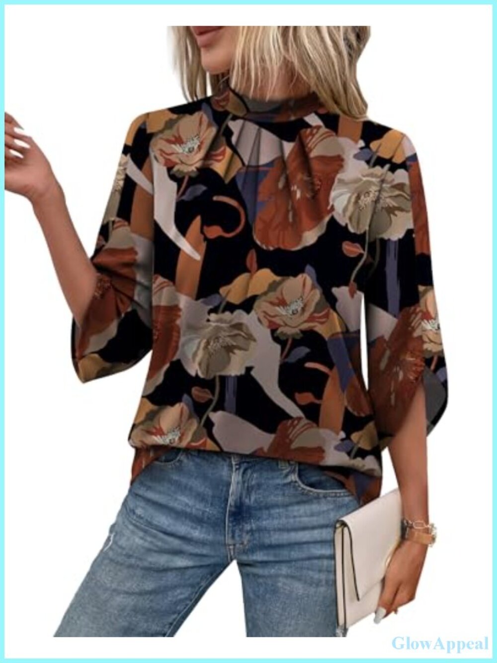 Womens 3/4 Sleeve Mock Neck Pleated Front Blouse Dressy Casual Office Top